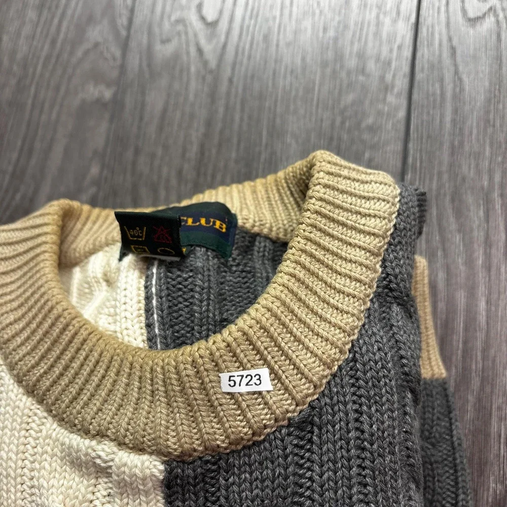 Vintage Izod Club Lacoste Cable Knit Sweater Medium 1990s Brown Grey Golf - Picture 8 of 8